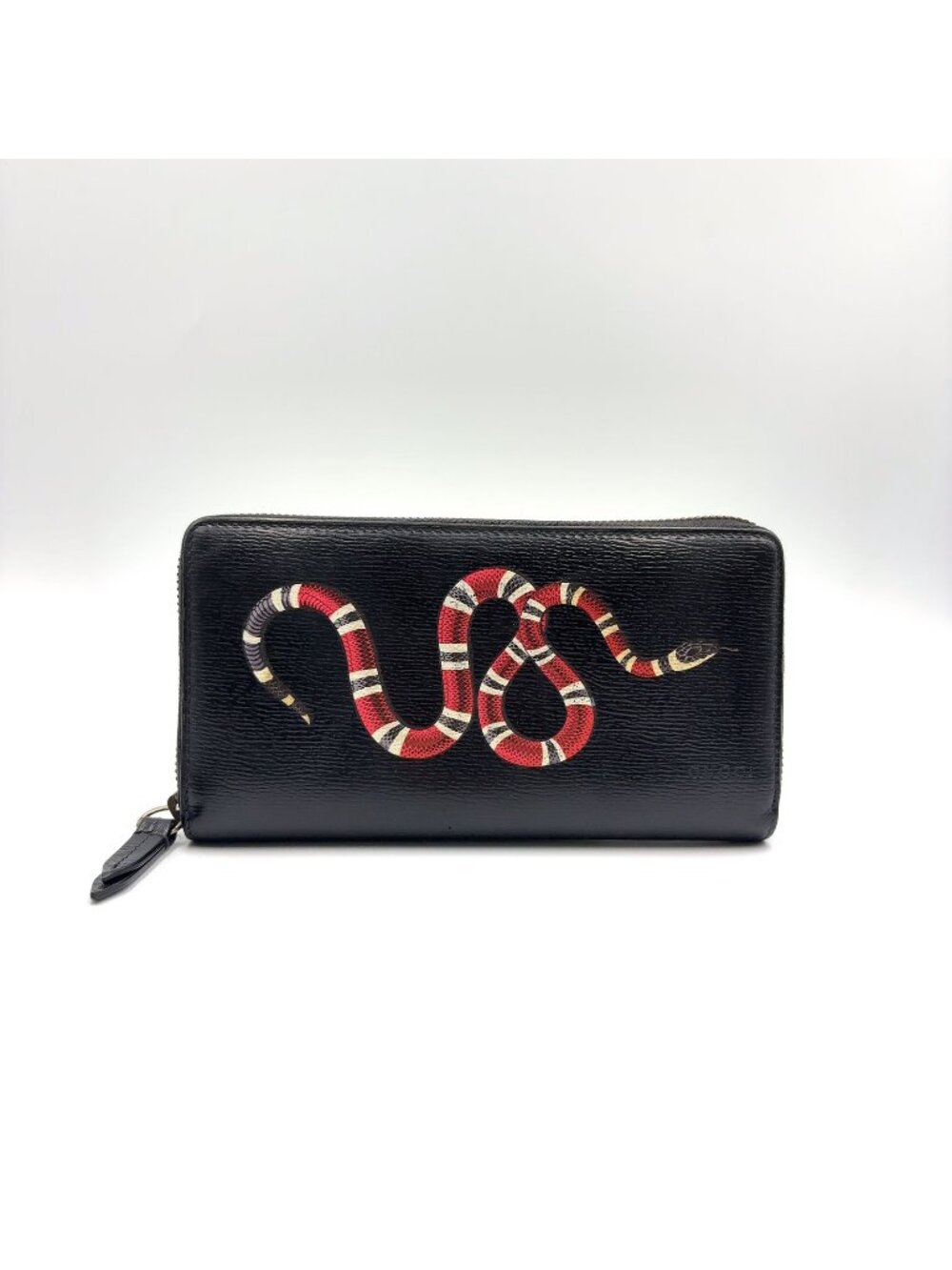 Gucci King Snake Zip Around Leather Black Red Wallet Gold